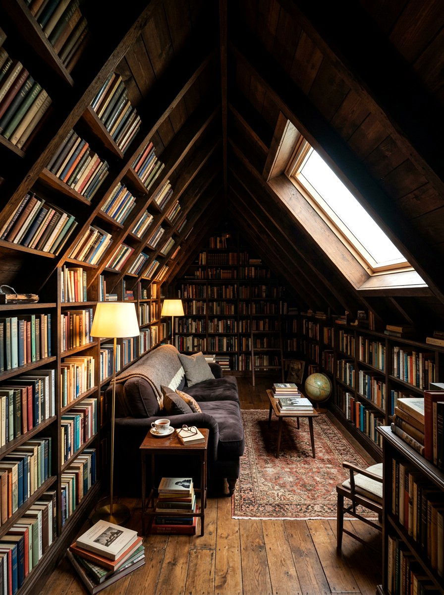 Dark Attic Library - 30 dark academia room ideas