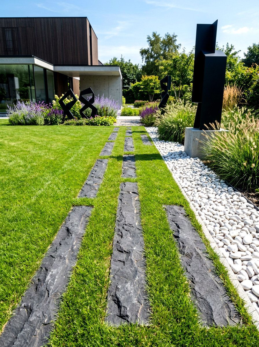 Dark Basalt Path - 30 stepping stone backyard path ideas