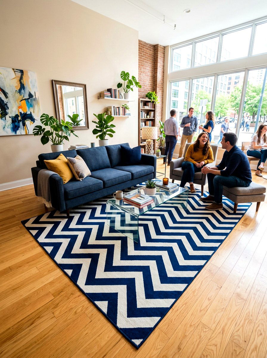 Dark Blue Chevron Rug - 30 ink blue lounge ideas