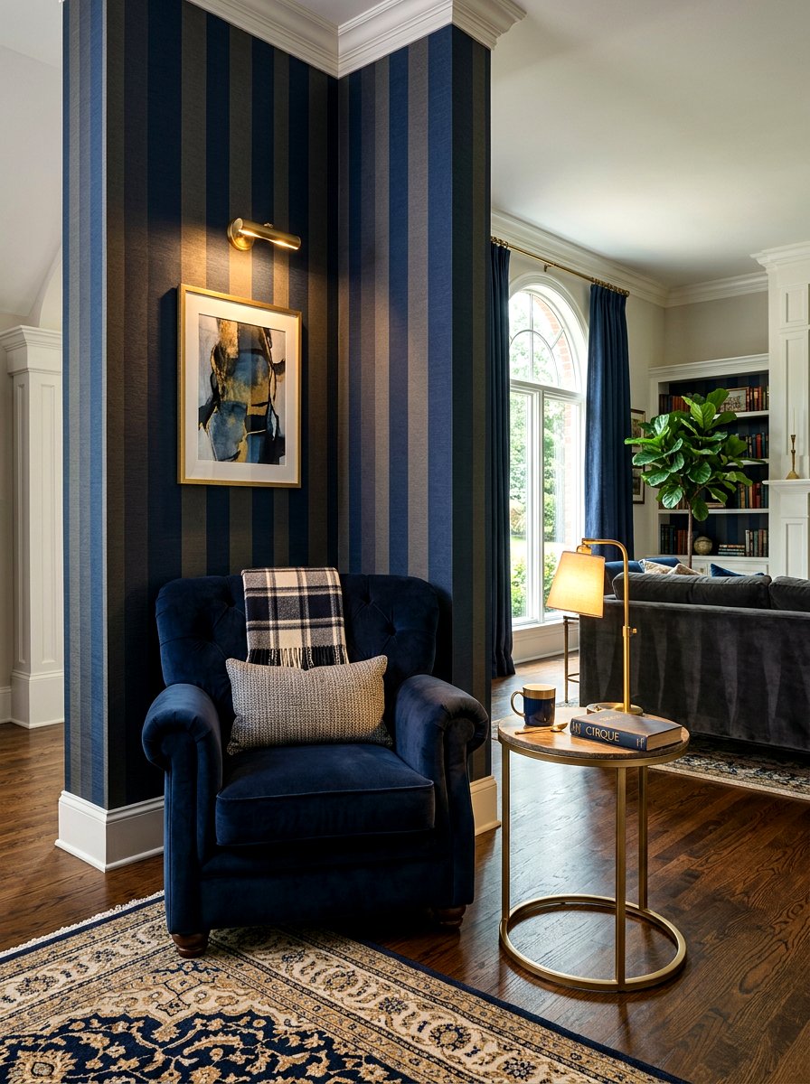 Dark Blue Circus Stripe Corner Nook - 30 circus stripe living room ideas