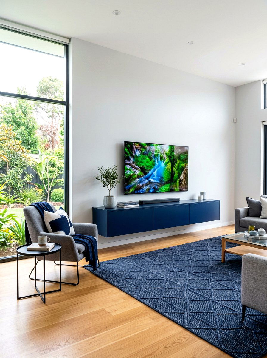 Dark Blue Floating Media Console - 30 ink blue lounge ideas
