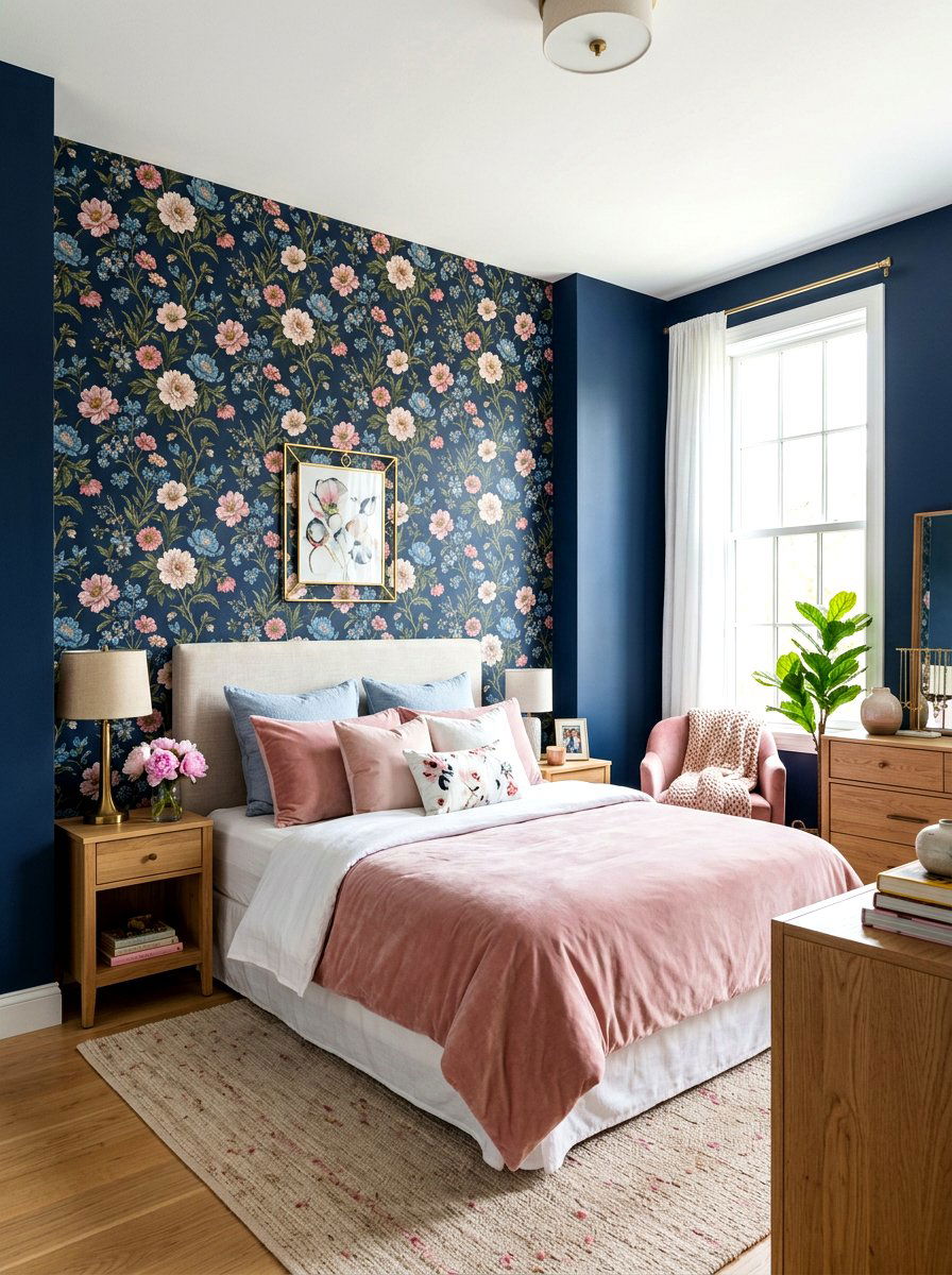 Dark Blue Floral Wallpaper - 30 inky blue bedroom ideas