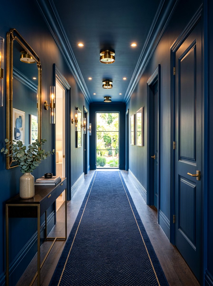 Dark Blue Hallway - 30 color drenched hallway ideas