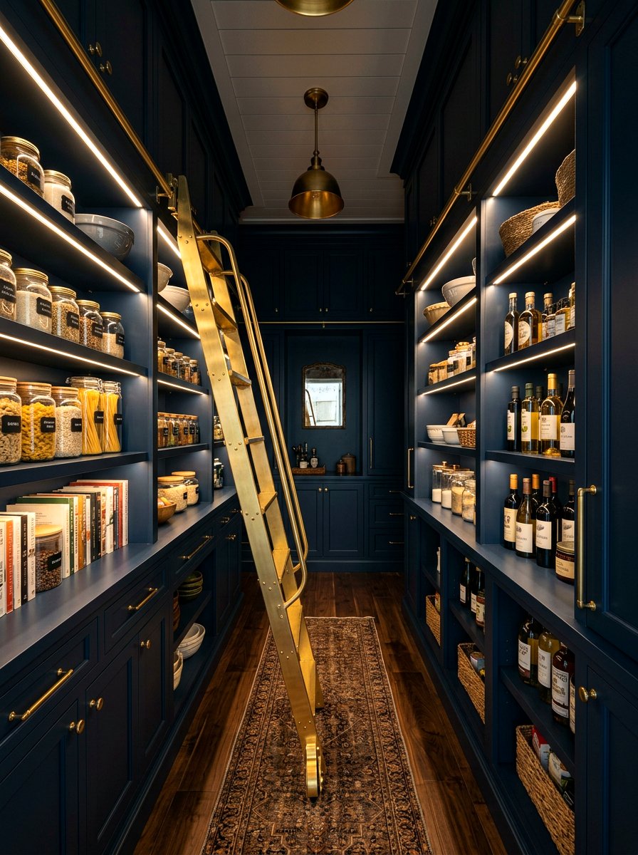 Dark Blue Pantry With Brass Ladder - 30 pantry with library ladder ideas