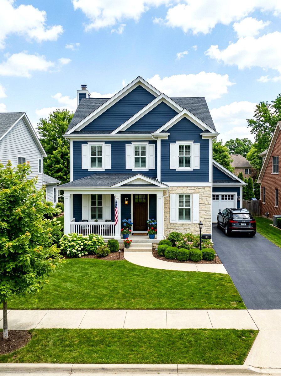 Dark Blue Siding With Light Stone Veneer - 30 mixed siding exterior ideas