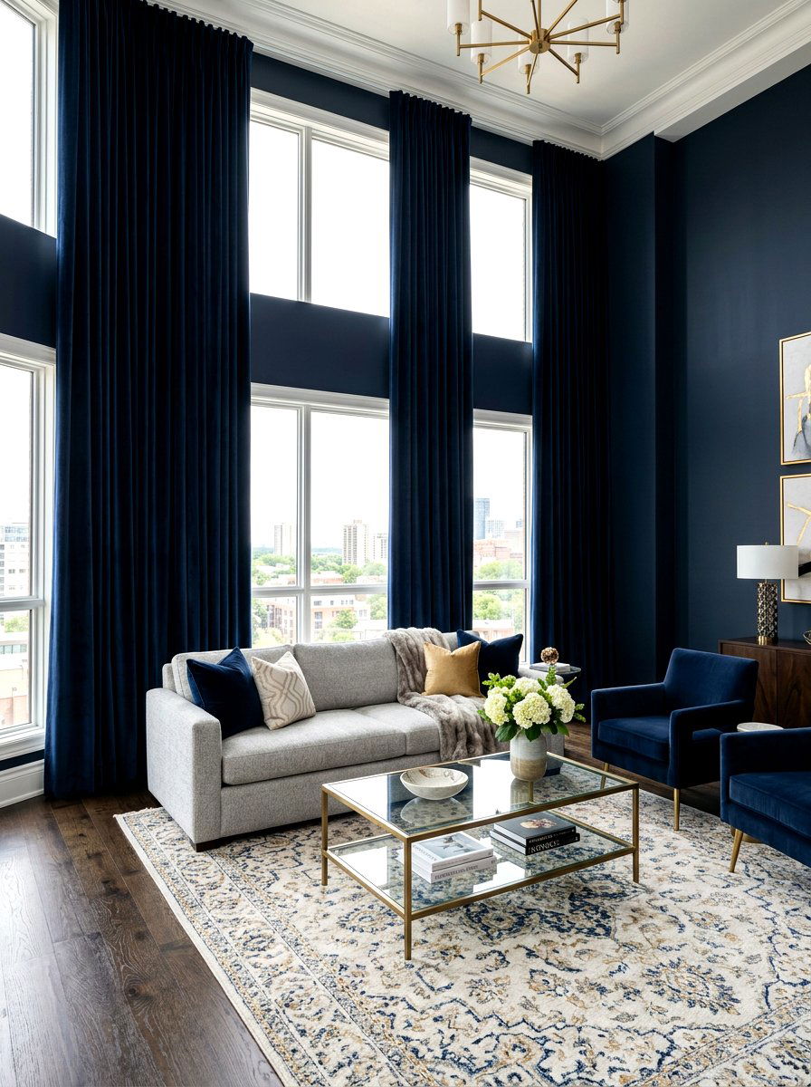 Dark Blue Velvet Curtains - 30 ink blue lounge ideas