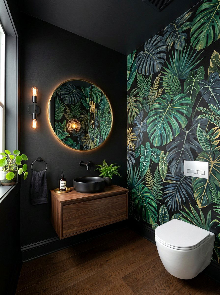 Dark Botanical Mural - 30 dark powder room ideas