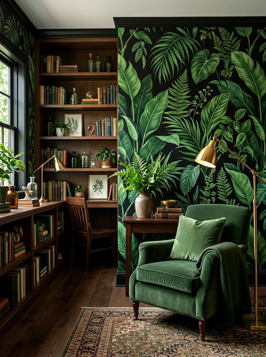 Dark Botanical Wallpaper Library - 30 moody reading room ideas