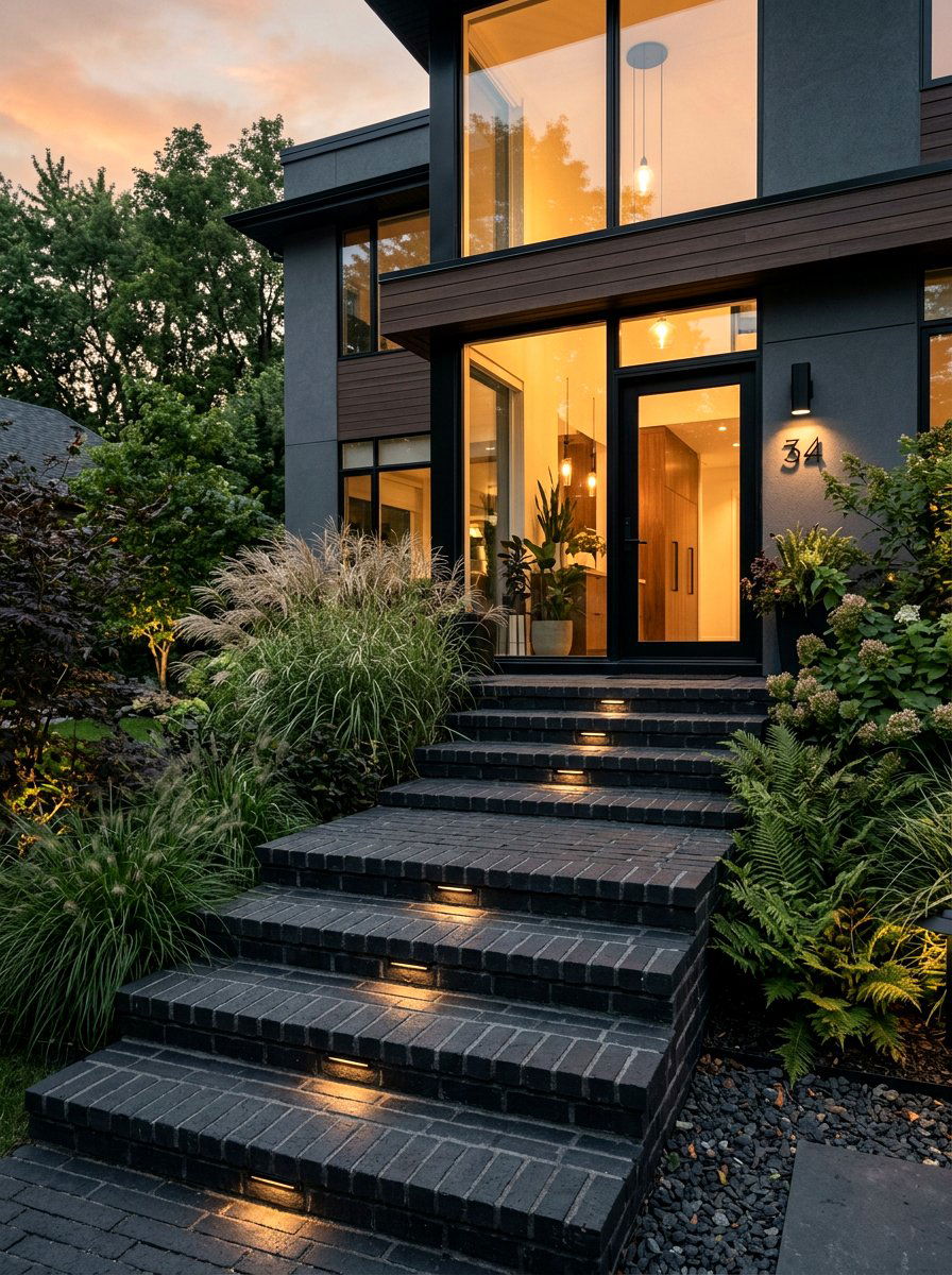 Dark Charcoal Brick Front Steps - 30 brick stoop ideas