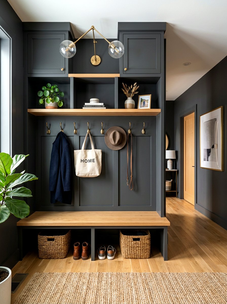 Dark Charcoal Entryway Built In - 30 open mudroom shelving ideas