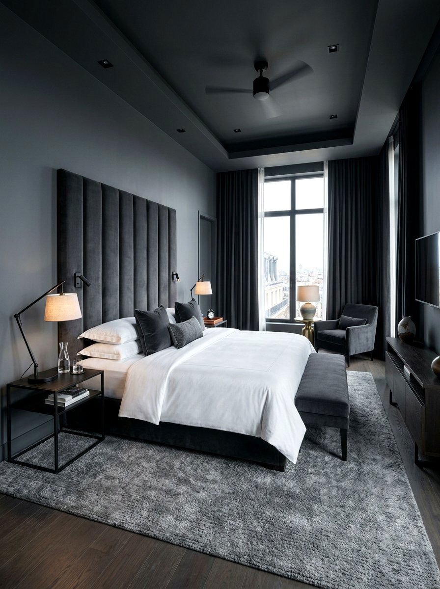 Dark Charcoal Hotel Bedroom - 30 moody hotel bedroom ideas