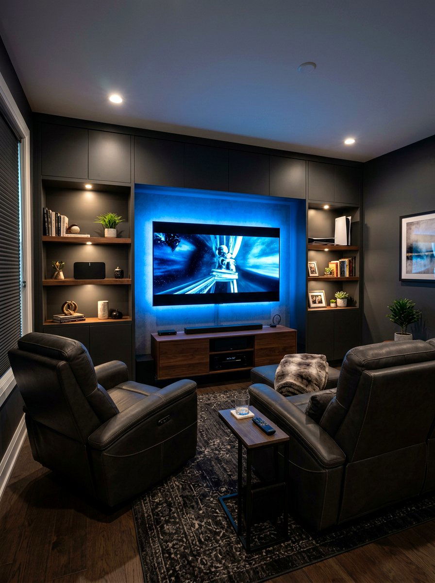 Dark Charcoal Media Wall With LED Lighting - 30 built in media wall ideas