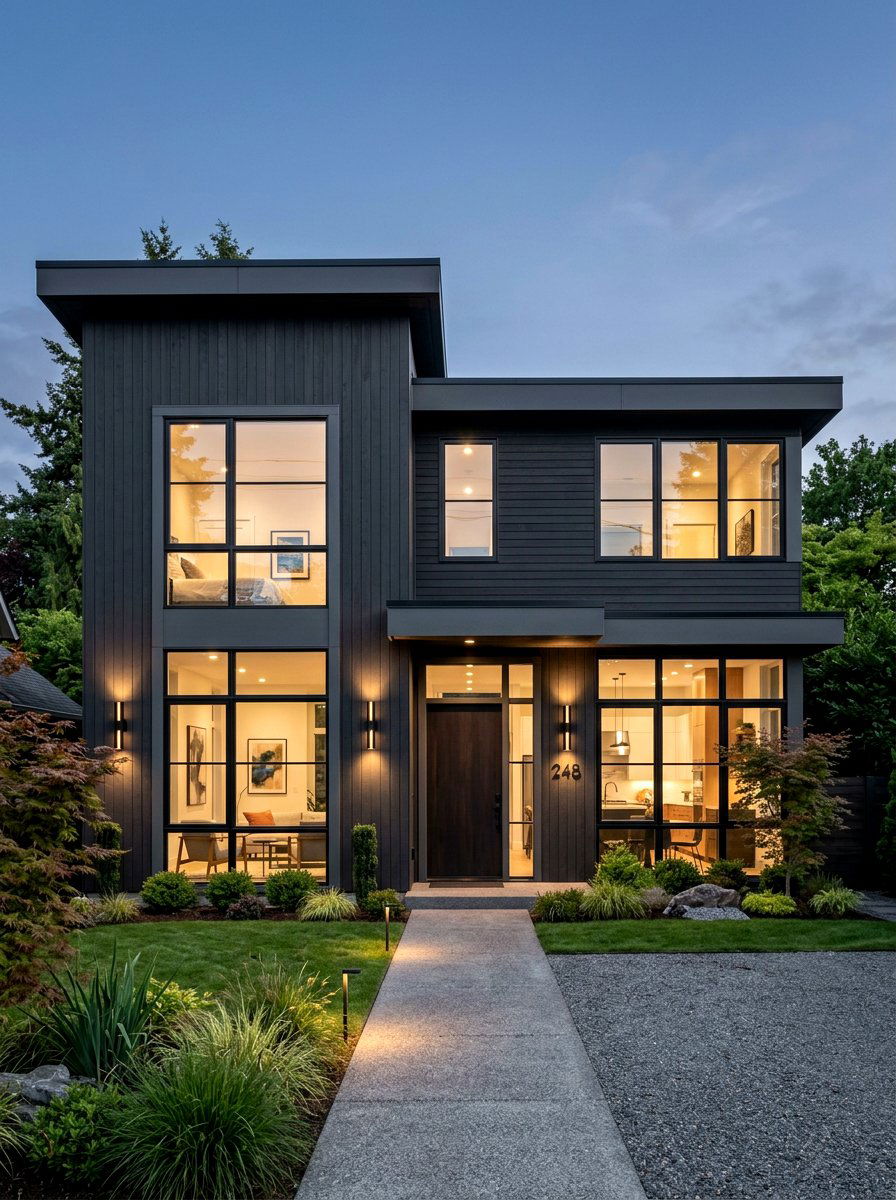 Dark Charcoal Siding Residence - 30 black bronze window exterior ideas