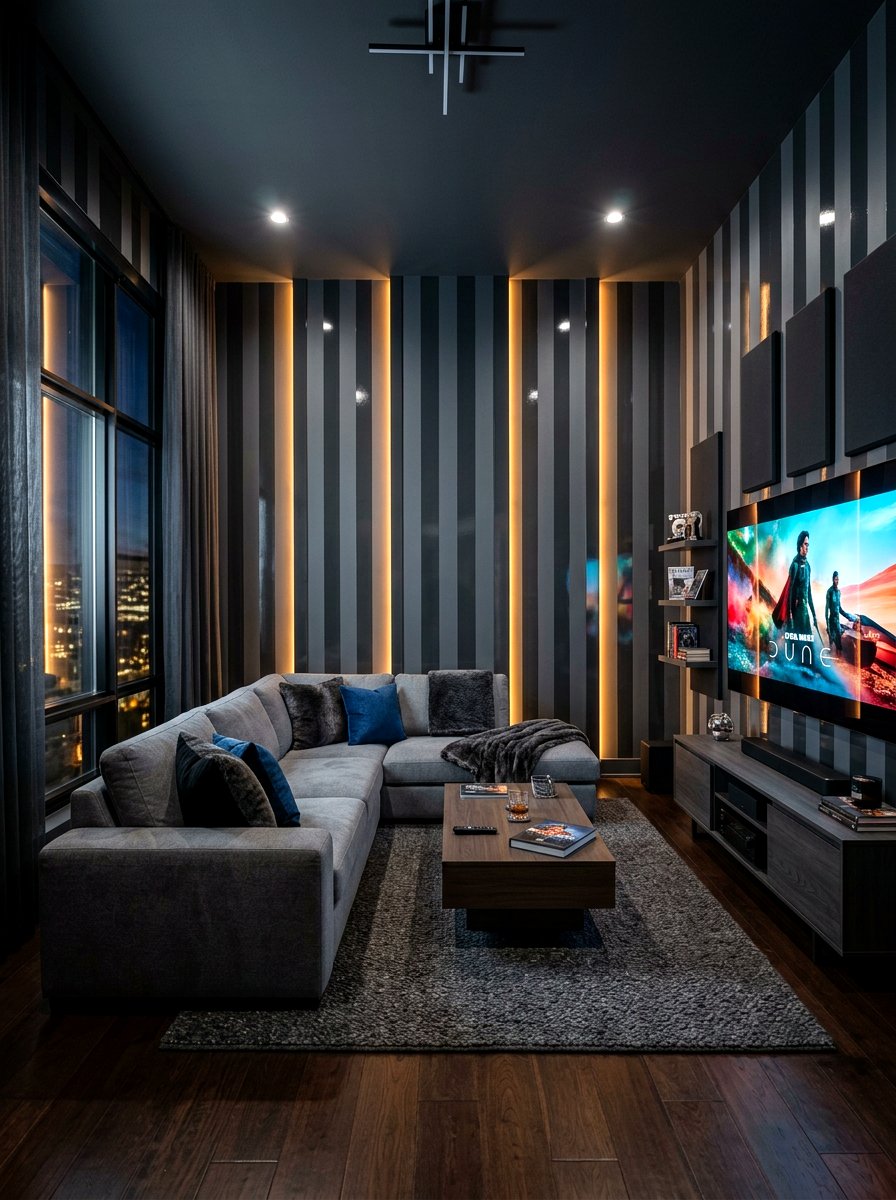 Dark Charcoal Stripe Media Room - 30 stripe drench room ideas