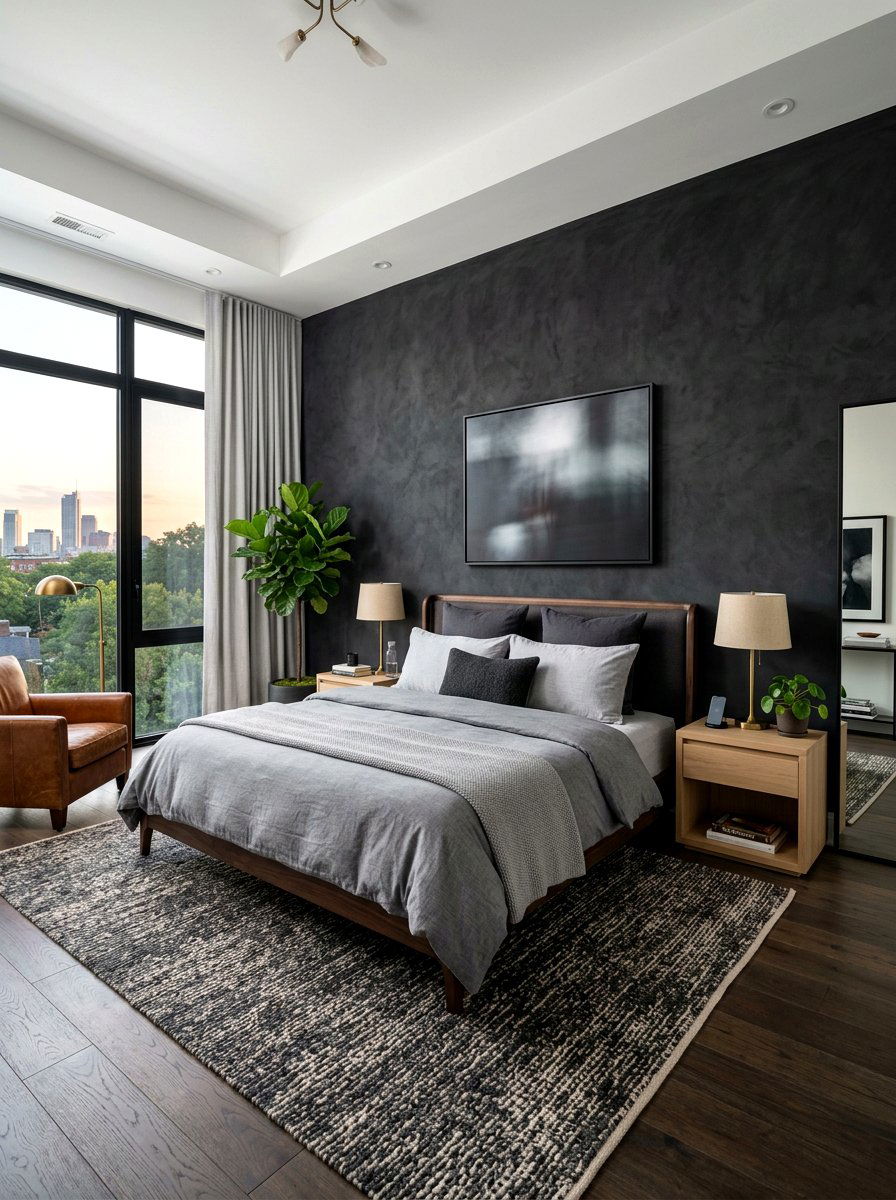 Dark Charcoal Suede Wall - 30 upholstered wall bedroom ideas
