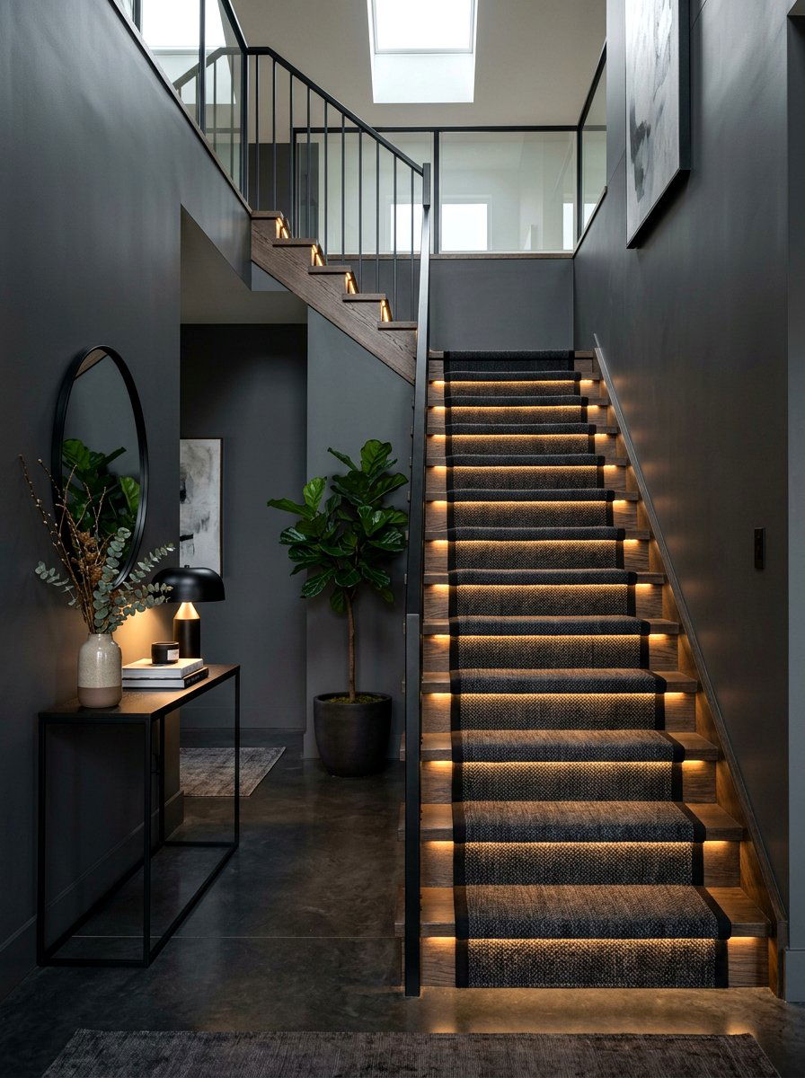 Dark Charcoal Textured Stair Runner - 30 dramatic stair runner ideas