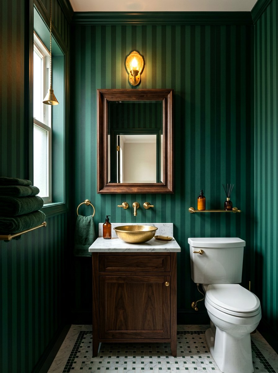 Dark Emerald Green Striped Bathroom - 30 striped bathroom wallpaper ideas