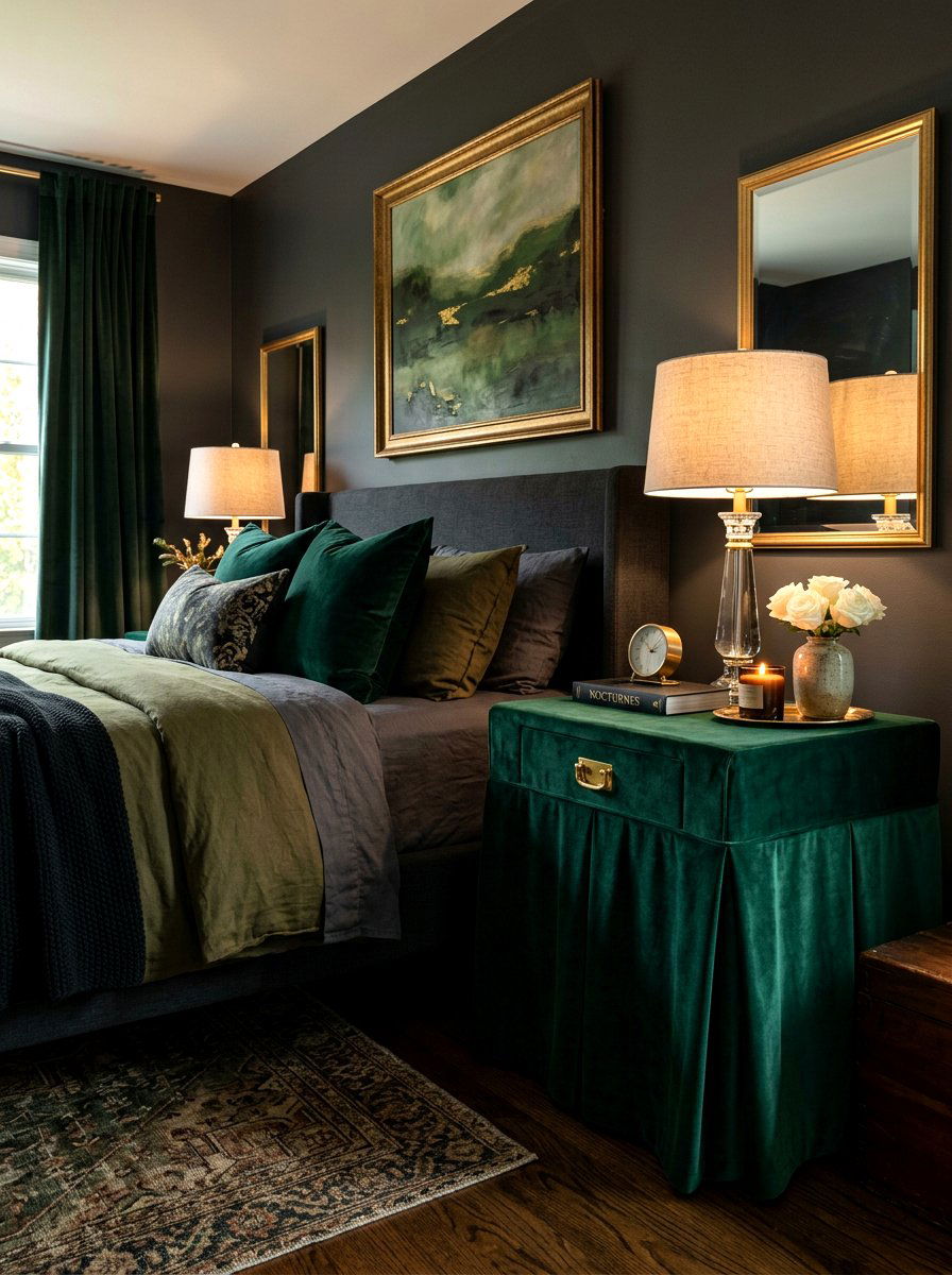 Dark Emerald Velvet Nightstand - 30 skirted nightstand ideas