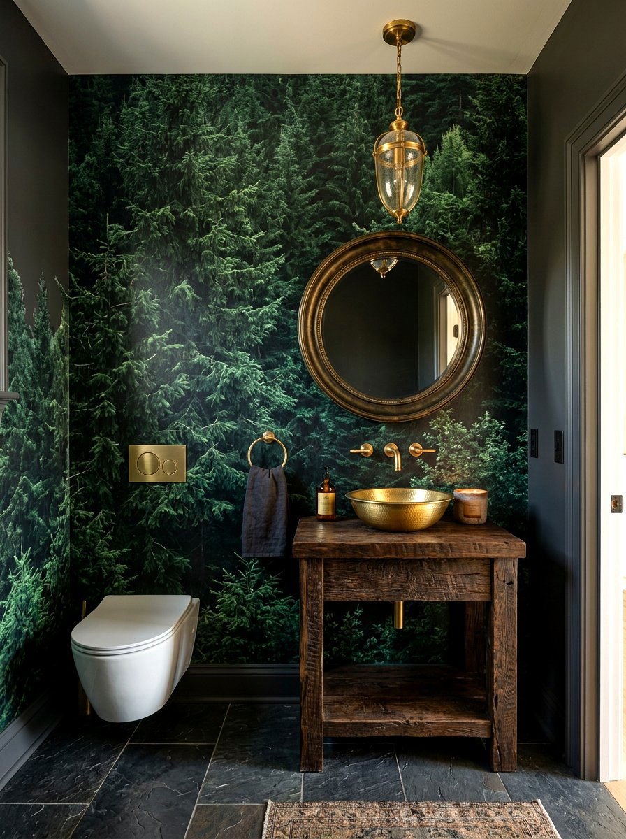 Dark Evergreen Forest Mural - 30 landscape mural powder room ideas