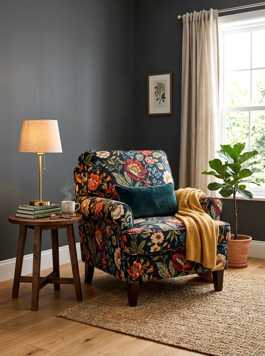 Dark Floral Accent Chair - 30 dark floral living room ideas