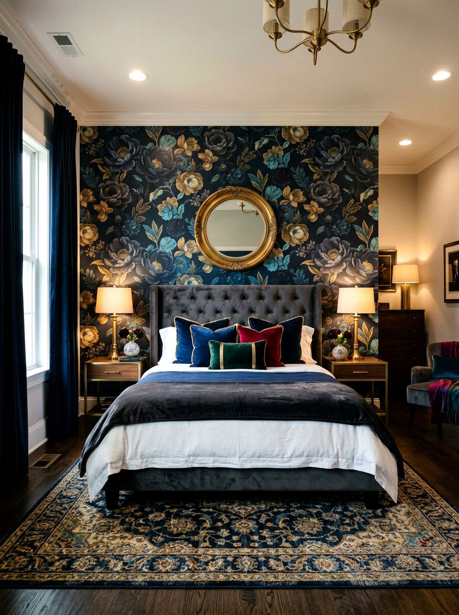 Dark Floral Accent Wall - 30 romantic floral bedroom ideas