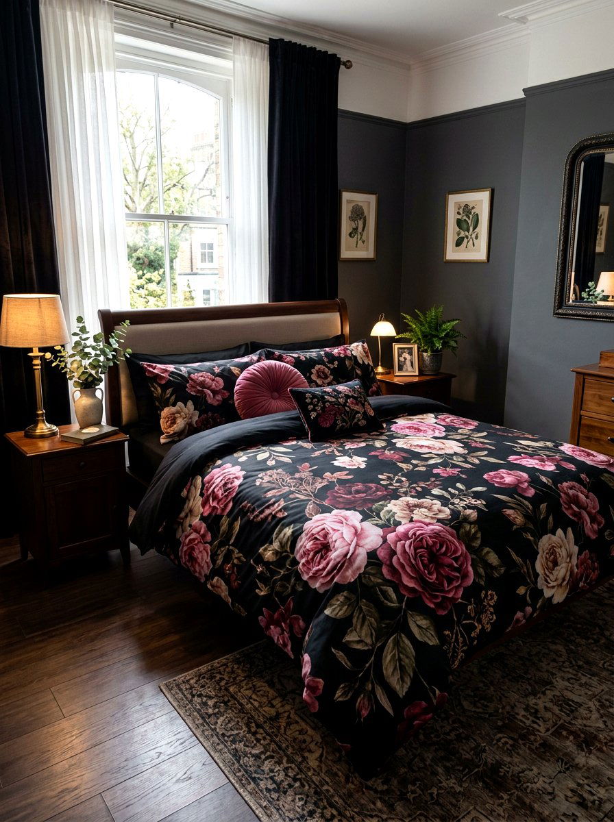 Dark Floral Bedding - 30 dopamine bedroom ideas