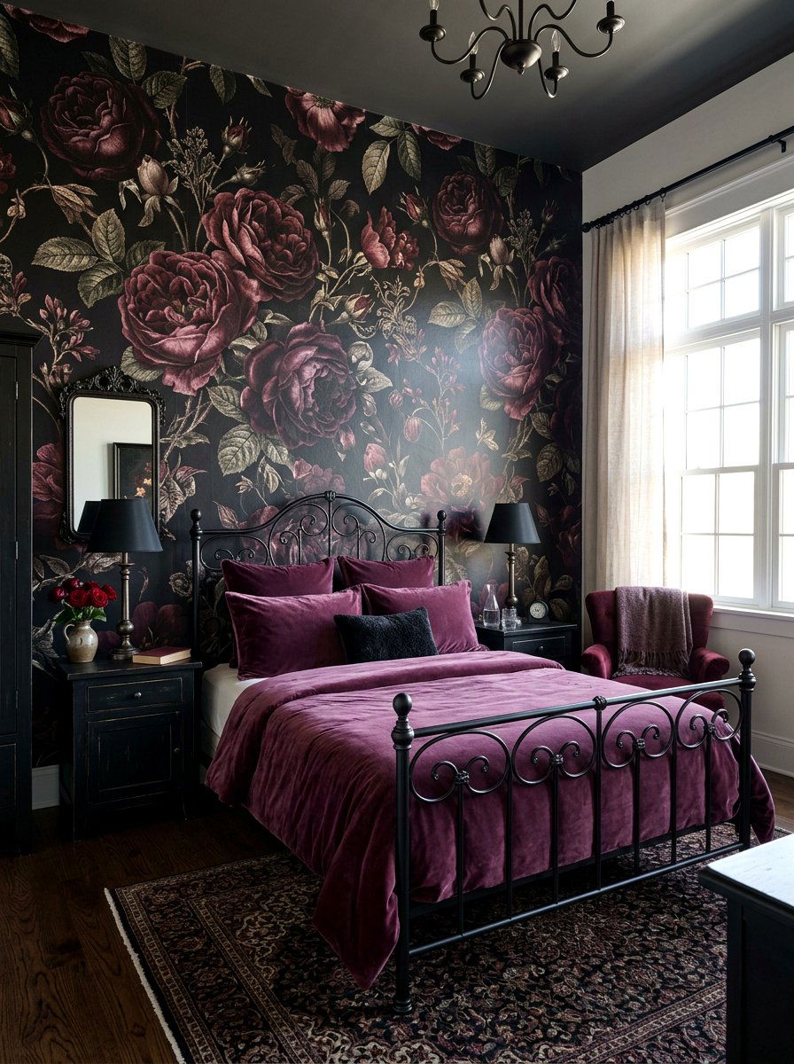 Dark Floral Bedroom - 30 dark romantic Halloween home ideas