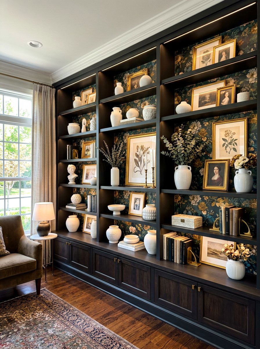 Dark Floral Built in Shelves - 30 dark floral living room ideas