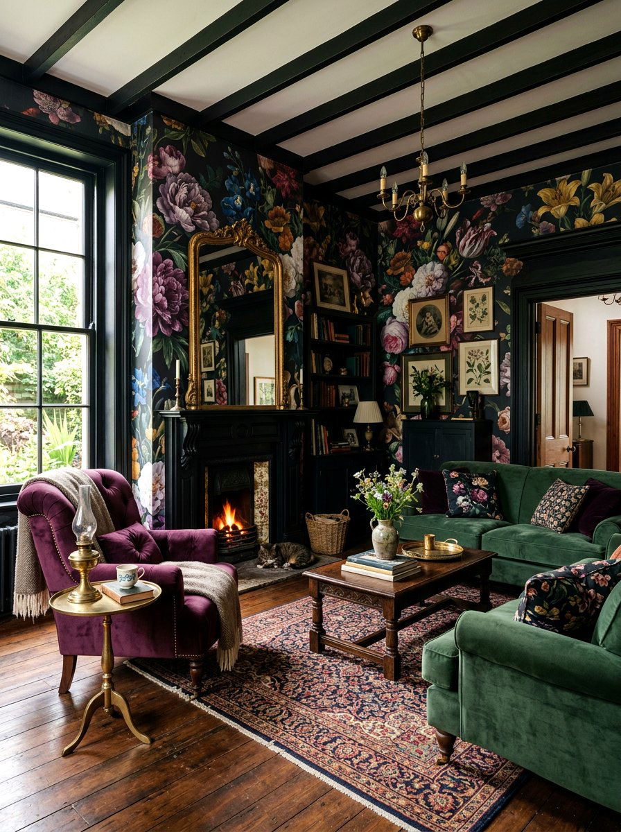 Dark Floral Living Room - 30 jewel tone living room ideas