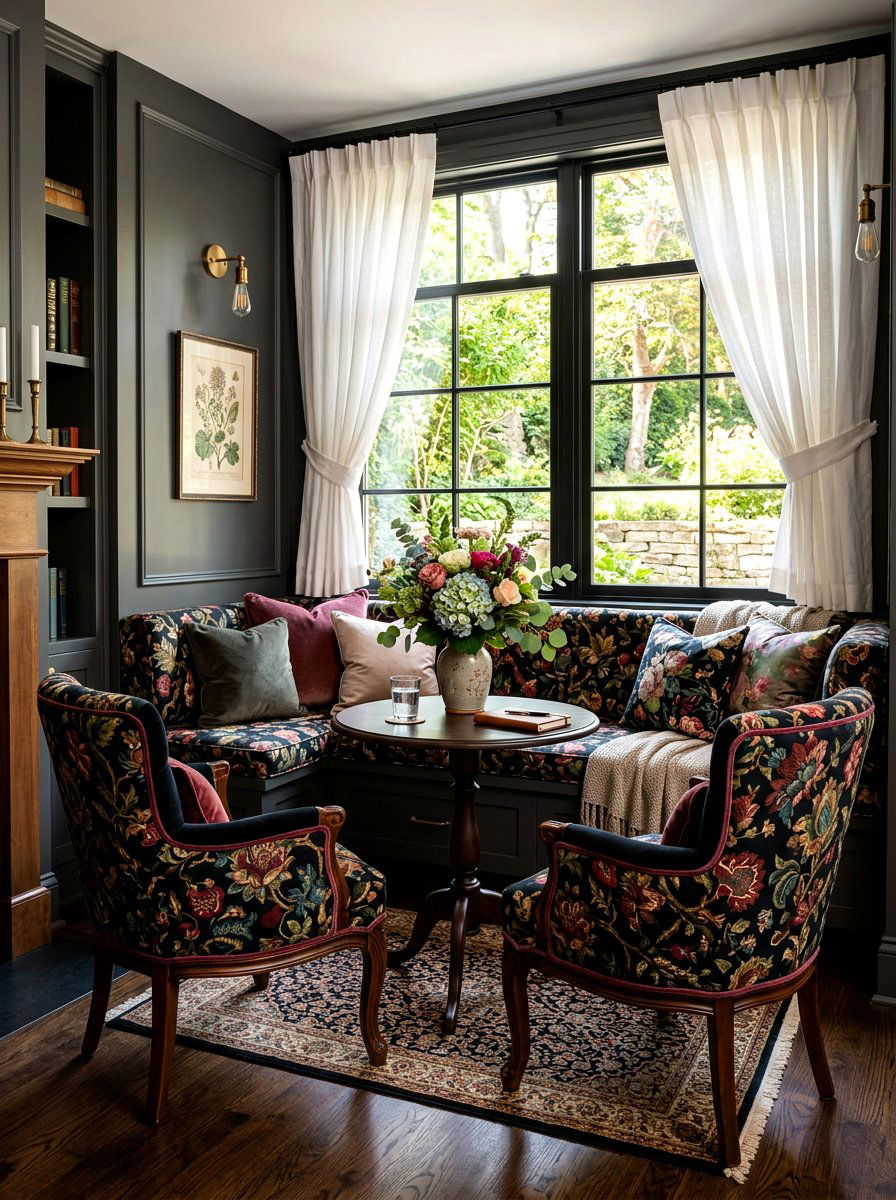 Dark Floral Nook Seating - 30 dark floral bedroom aesthetic ideas
