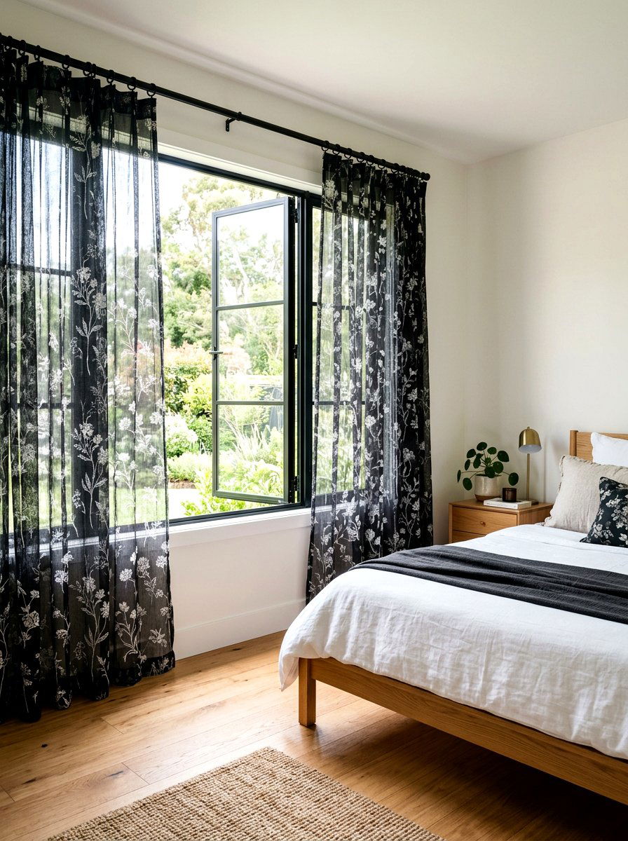 Dark Floral Sheer Curtains - 30 dark floral bedroom aesthetic ideas