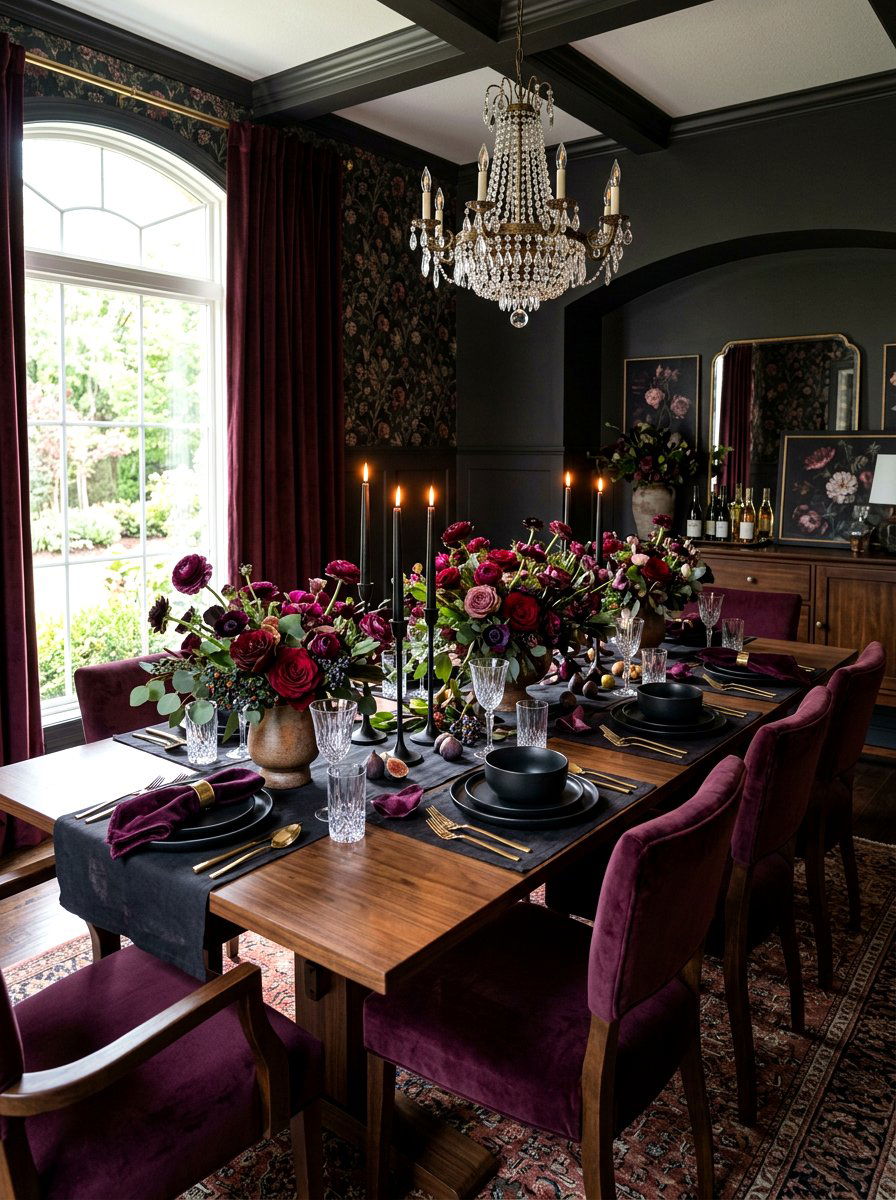 Dark Floral Thanksgiving Table - 30 Thanksgiving table decor ideas