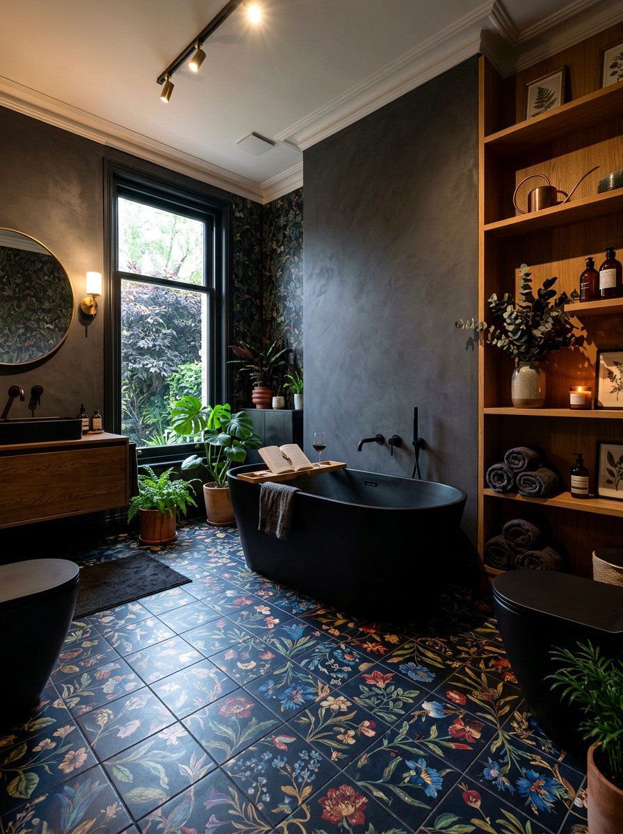 Dark Floral Tile - 30 vintage floral bathroom ideas