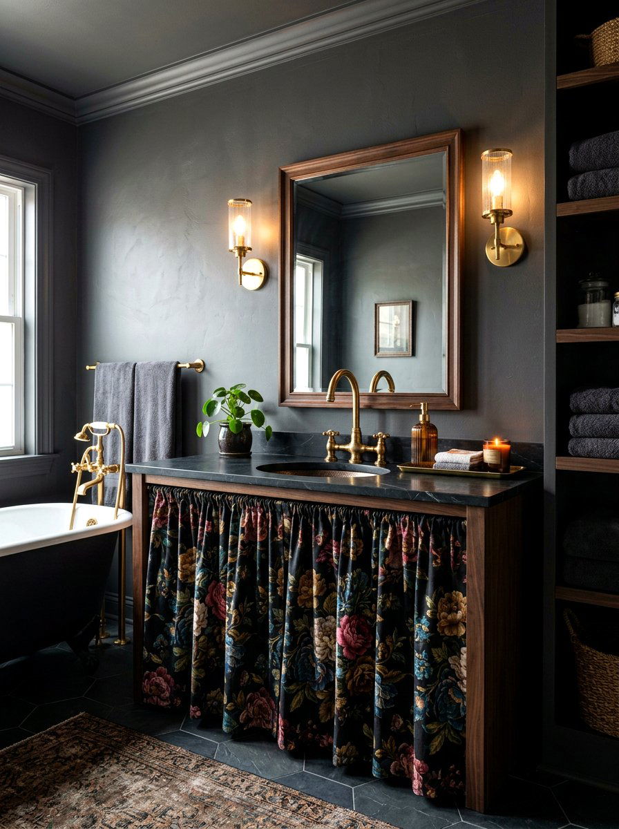 Dark Floral Vanity Skirt - 30 skirted vanity ideas