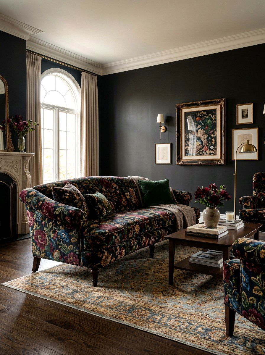 Dark Floral Velvet Furniture - 30 dark floral living room ideas
