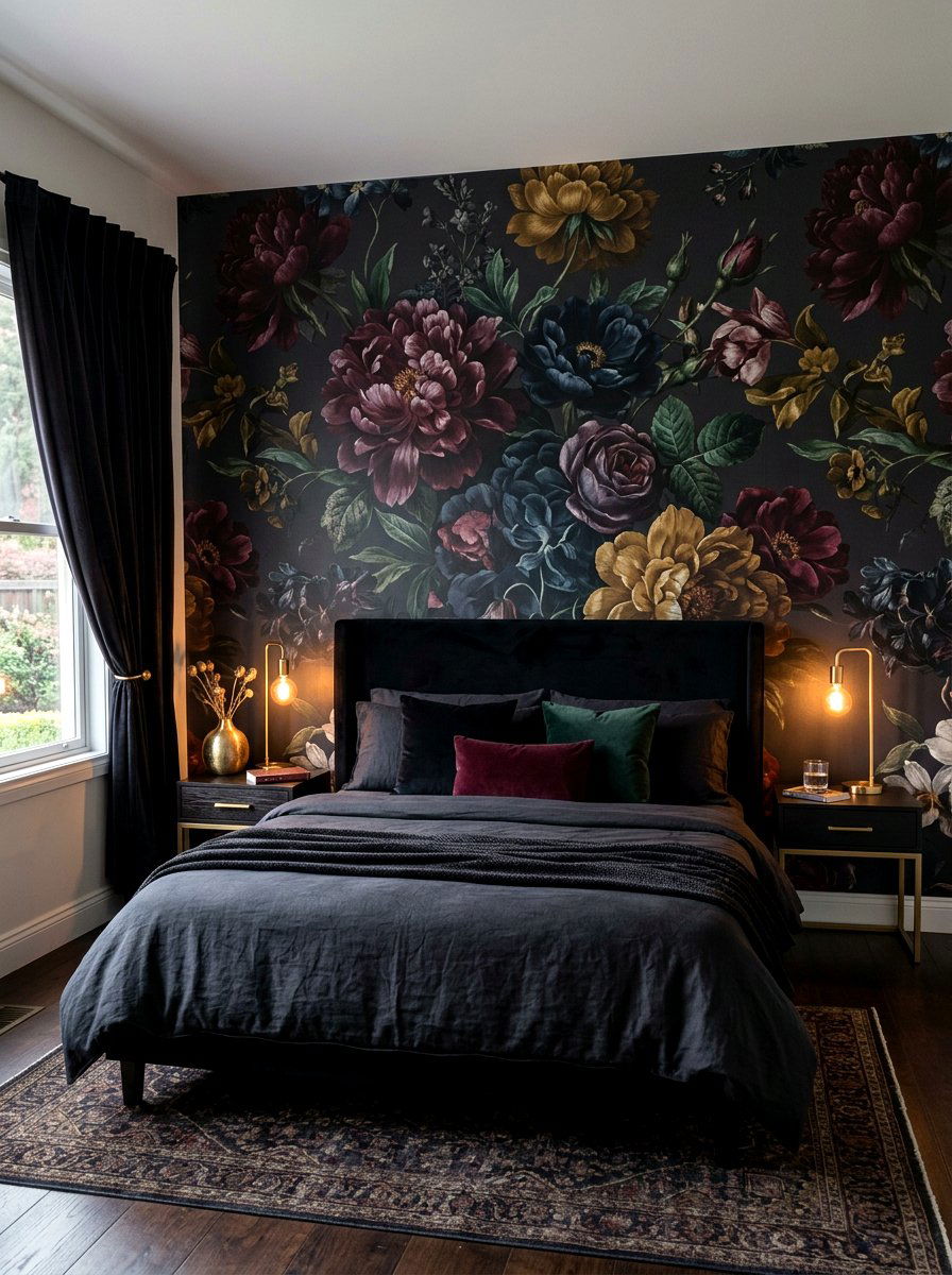 Dark Floral Wall - 30 moody hotel lobby living room ideas