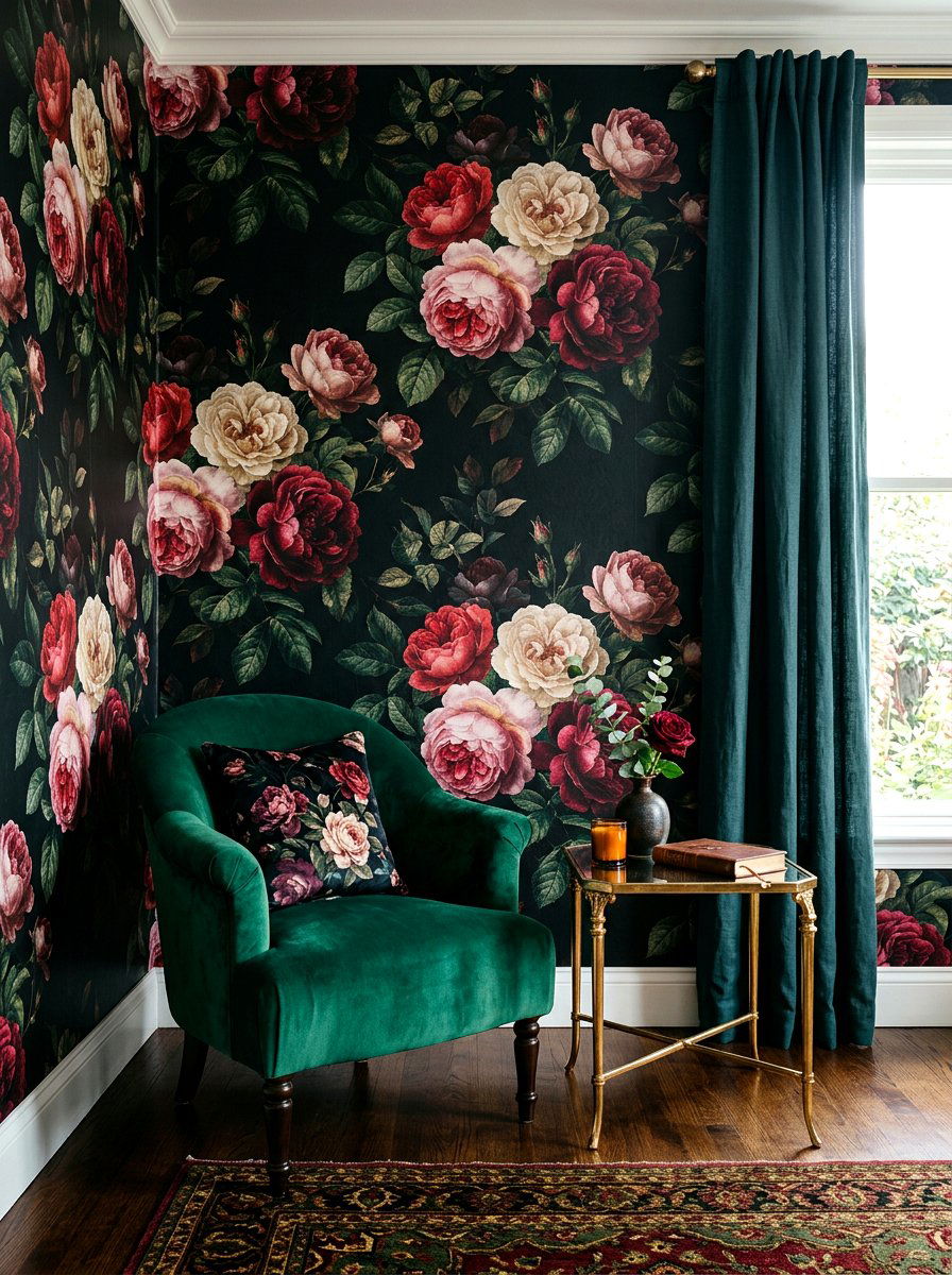 Dark Floral Wallpaper - 30 moody reader nook ideas