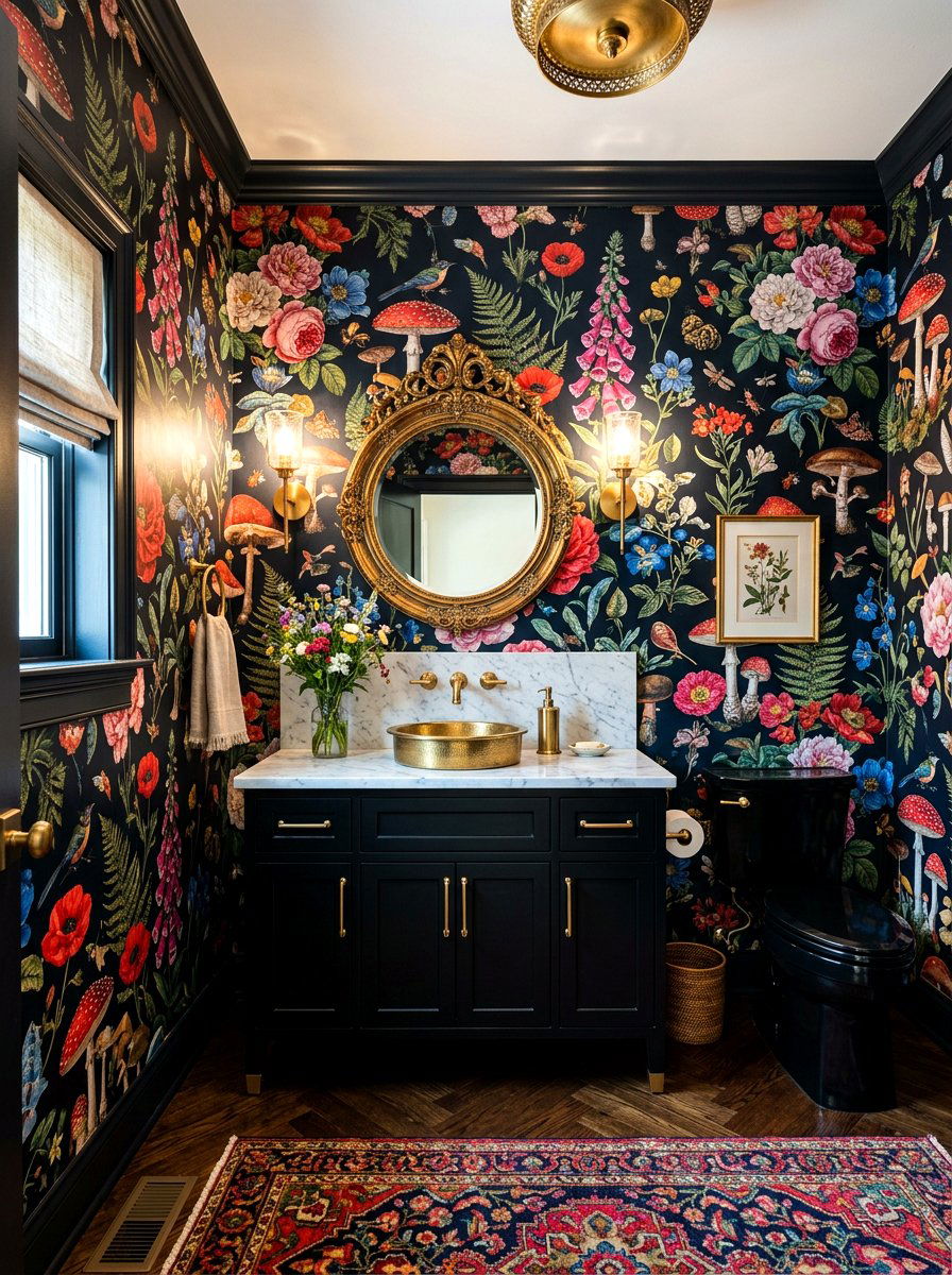 Dark Floral Wallpaper - 30 mushroom powder room ideas