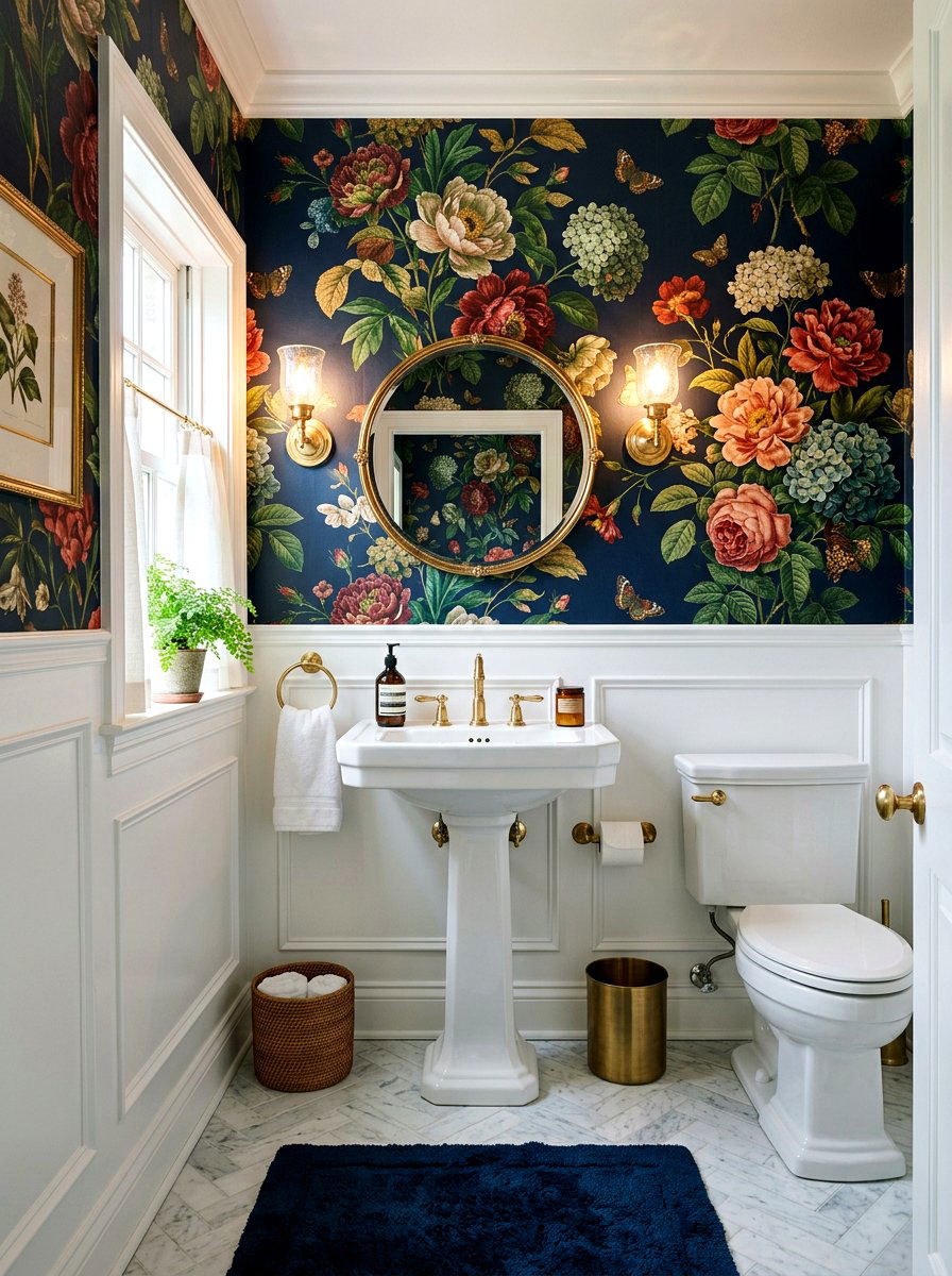 Dark Floral Wallpaper - 30 old world bathroom ideas