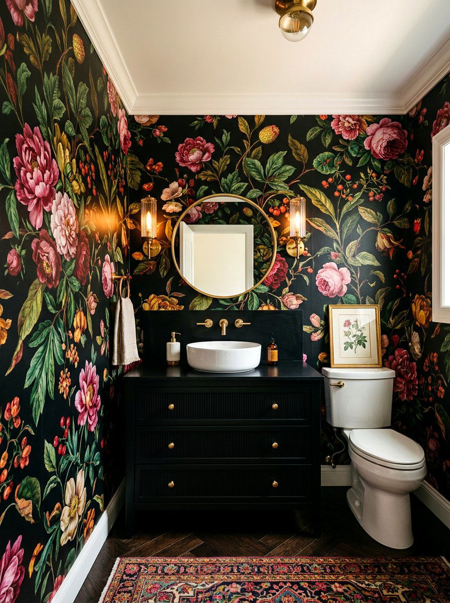 Dark Floral Wallpaper - 30 dark powder room ideas