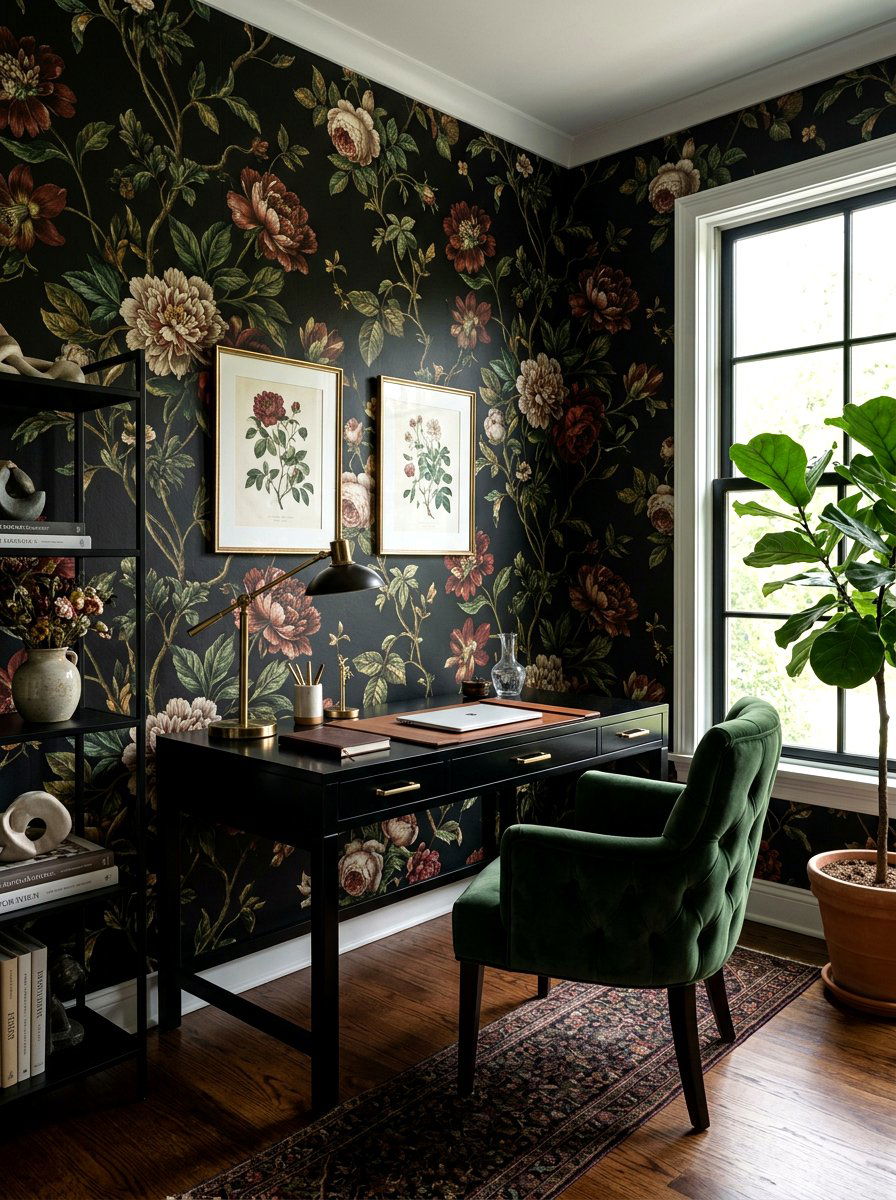 Dark Floral Wallpaper - 30 moody editor office ideas