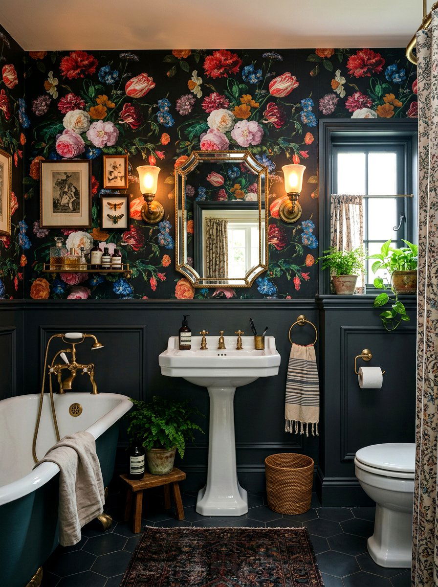 Dark Floral Wallpaper Bathroom - 30 dramatic bathroom ideas