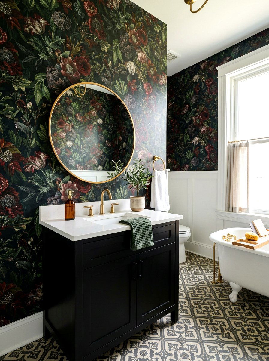 Dark Floral Wallpaper Bathroom - 30 moody farmhouse bathroom ideas