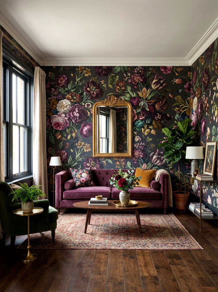 Dark Floral Wallpaper Living Room - 30 moody lounge room ideas