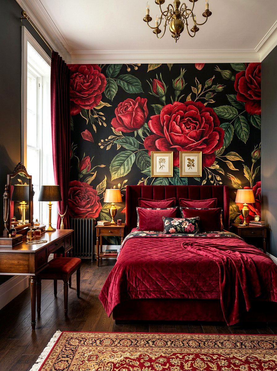 Dark Floral Wallpaper - 30 dark academia bedroom ideas