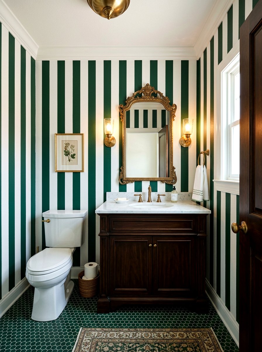 Dark Forest Green Bold Stripe Bathroom - 30 stripe powder bath ideas