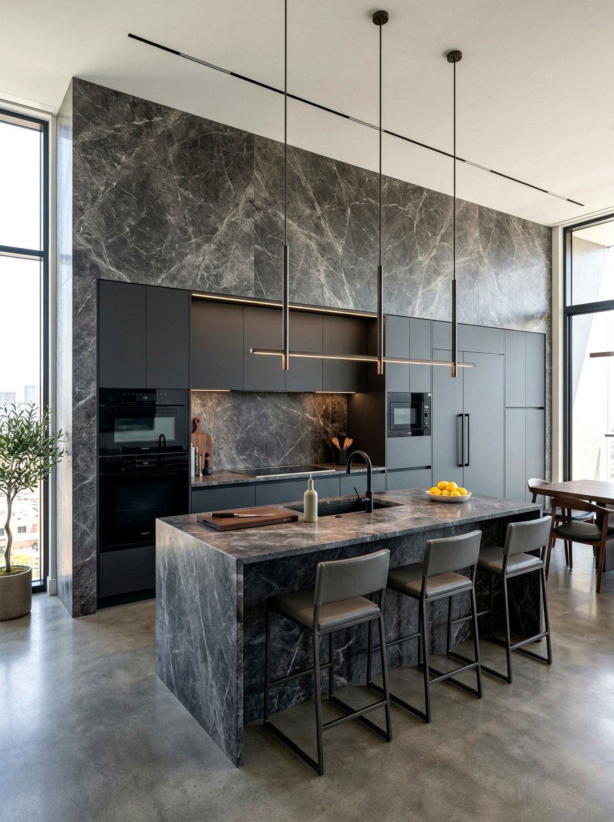 Dark Gray Marble Slab - 30 full slab stone wall kitchen ideas