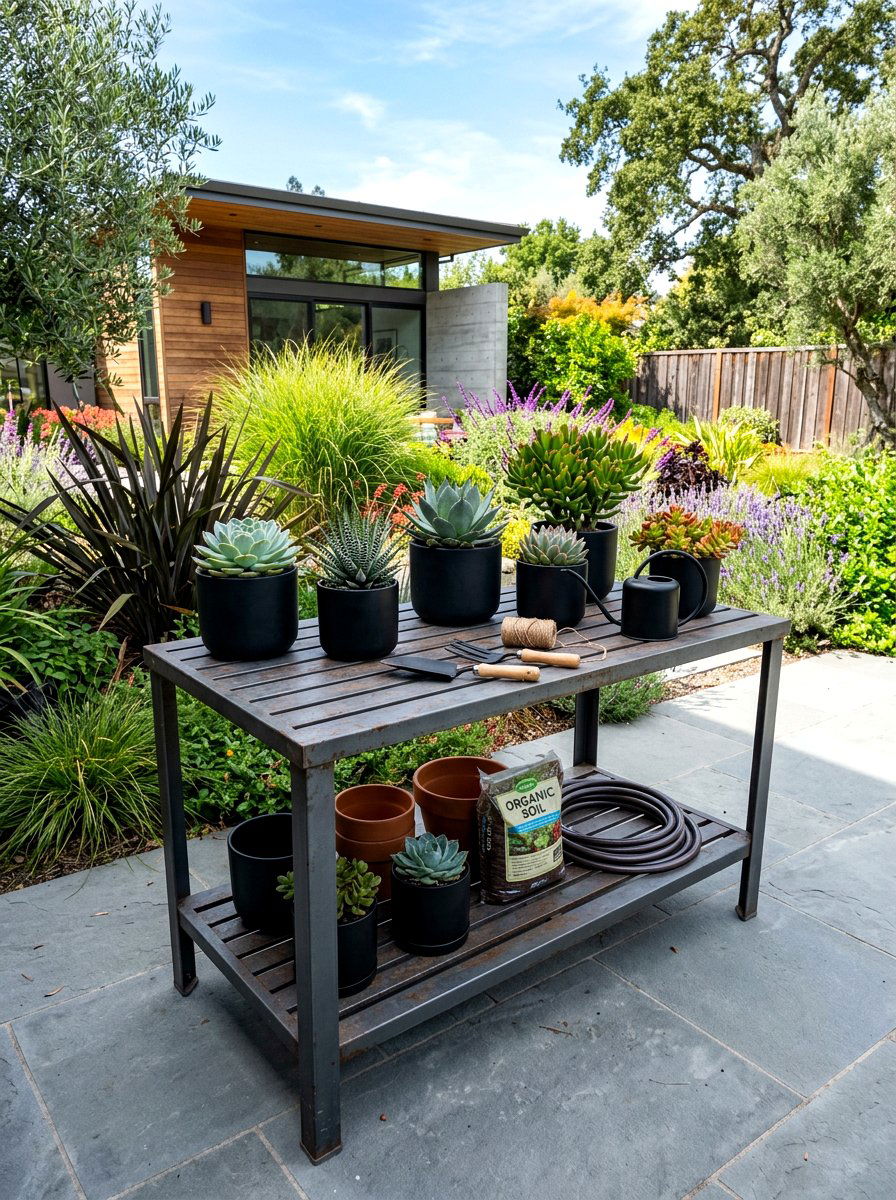 Dark Gray Metal Potting Table - 30 outdoor potting station ideas