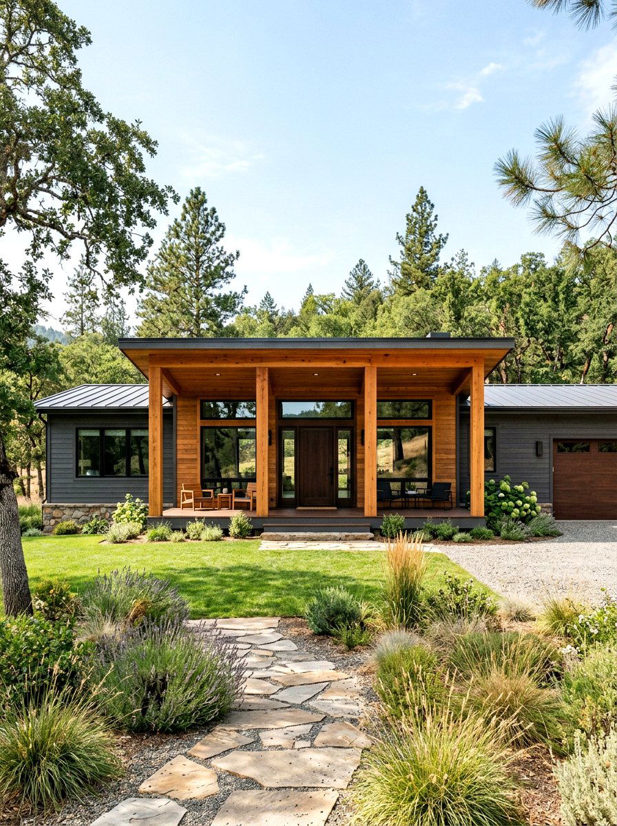 Dark Gray Ranch With Cedar Columns - 30 gray house exterior ideas