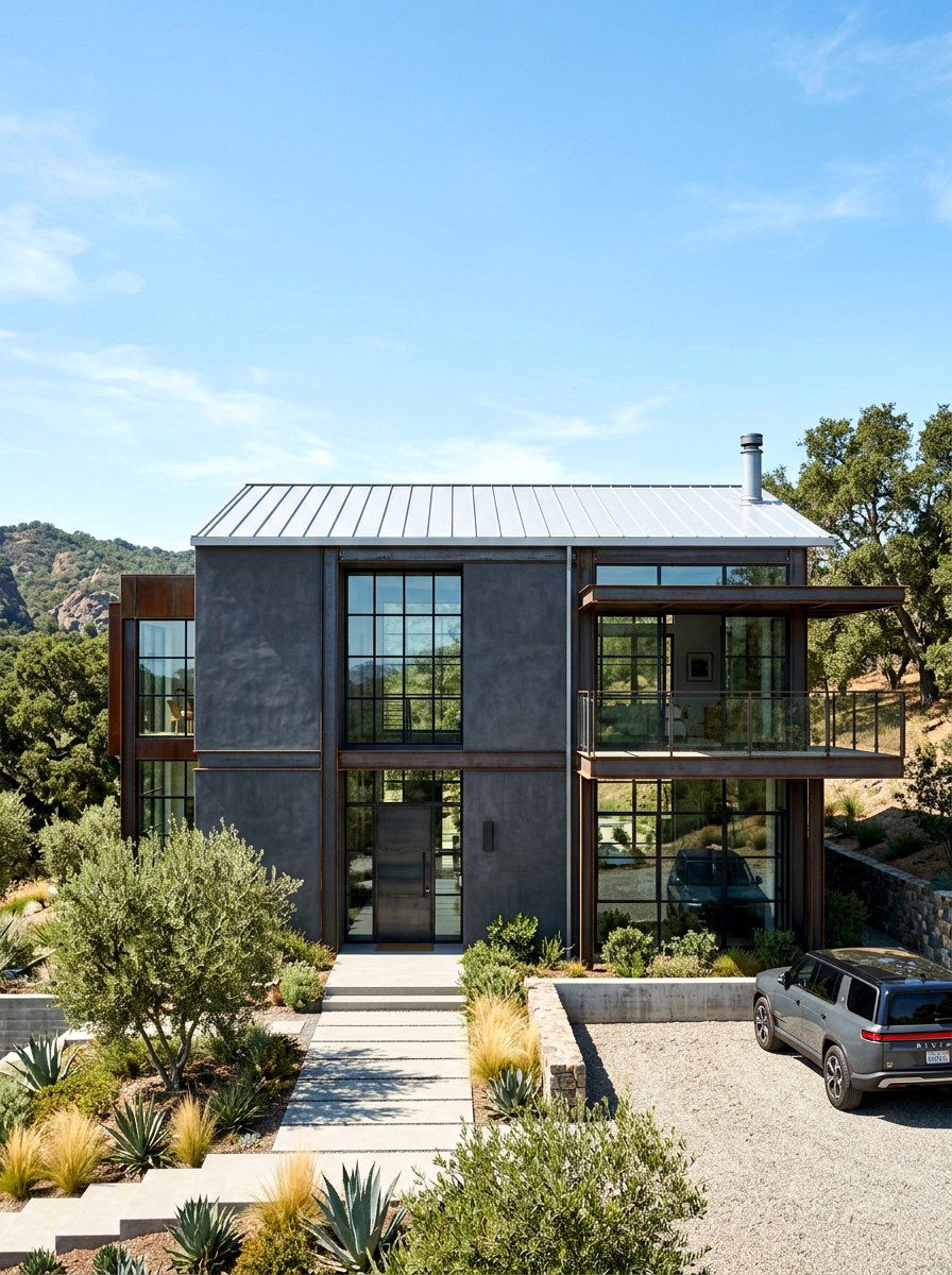 Dark Gray Stucco With Industrial Metal - 30 gray house exterior ideas